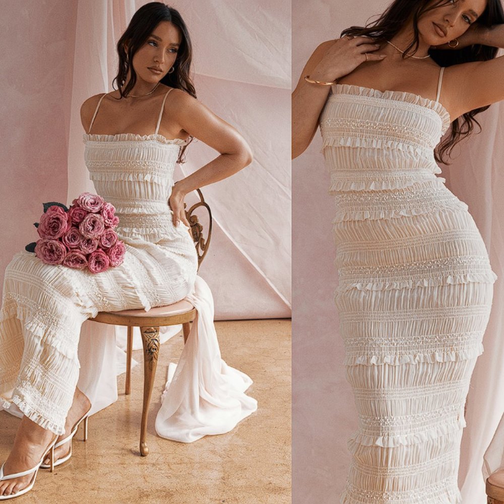 HOUSE OF CB 'Solana' Ivory Sequin Pleat Maxi Dress NWOT